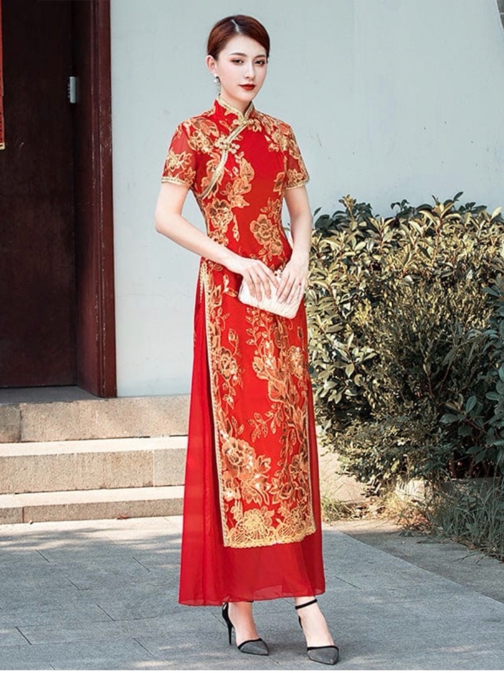 Beth and Brian Gold floral pattern, long Ao dai with short sleeves